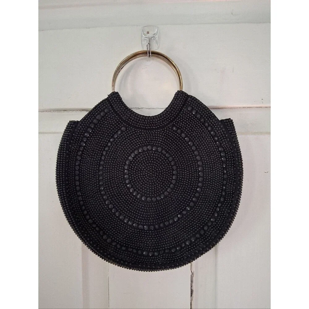 Blk Beaded Circle Evening Bag w/ Gold Tone Metal Ring Handles Vintage Hong Kong